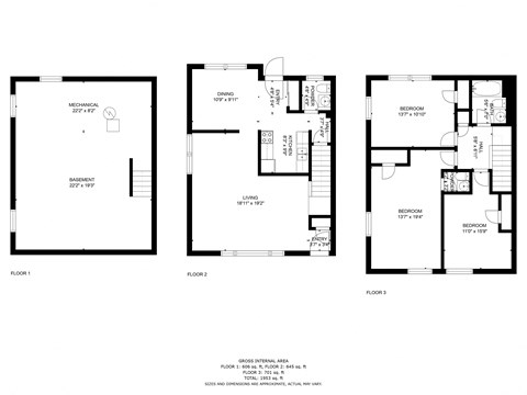 Floor plan for 3 beds, 2 baths, 1400 sqft